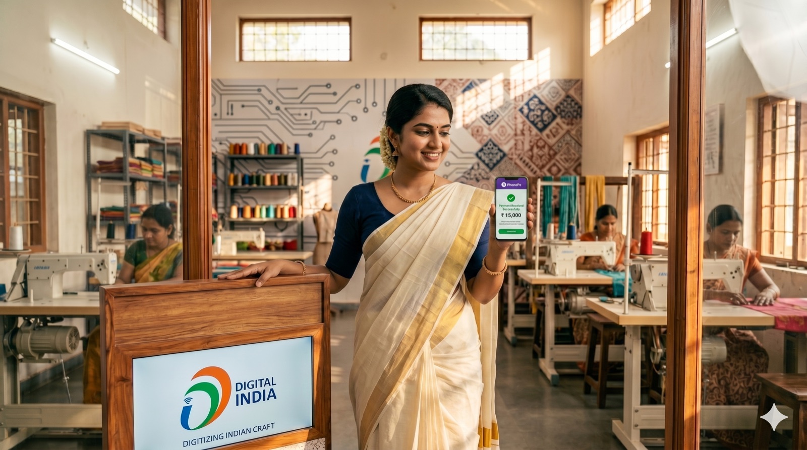 An artisan receiving an instant digital payment in her textile workshop under the Digital India initiative